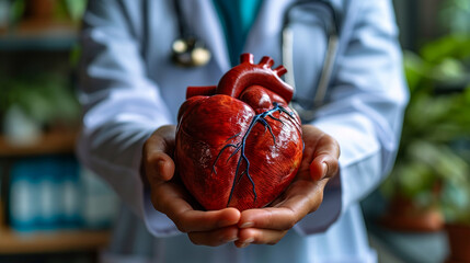 Human heart in doctor's hands, cardiology concept