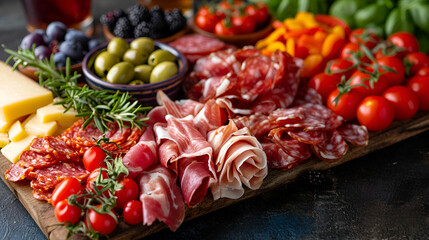 A Savoury Charcuterie Board Covered in Meats Olives Peppers Berries and Cheese, generative ai