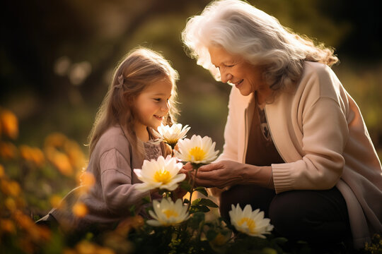 Mother's Day greeting card. International Women's Day, grandmother and granddaughter