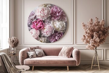 A metal round panel adorning a wall in an exquisite interior, showcasing peonies of various pastel shades in their natural form