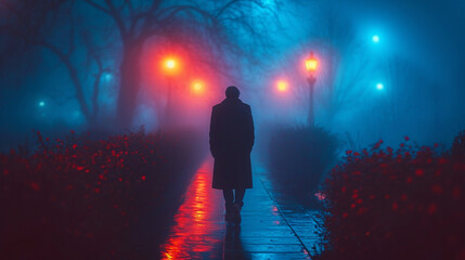 Lonely man on street with evening lamps - obrazy, fototapety, plakaty