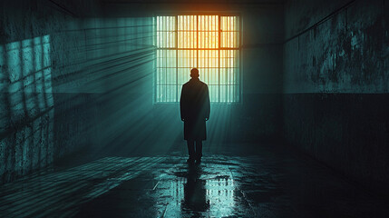 The sad prisoner in the prison cell - obrazy, fototapety, plakaty