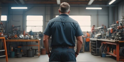 Professional mechanic examining workshop, preparing for hands-on tasks