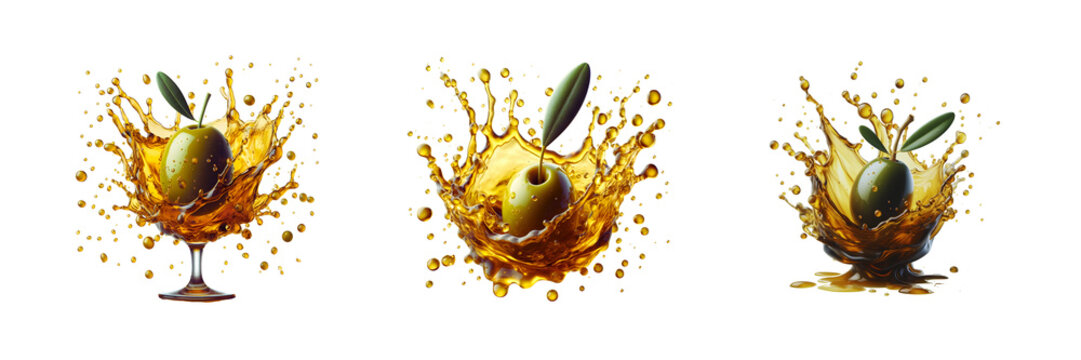 Collection Set of olive in juice splash in air, isolated over on transparent white background