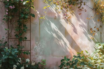 A wall bathed in a soothing pastel shade, adorned with a phyto-painting encapsulated within a metal frame made of plants and flowers that shimmer gracefully in the sunlight.