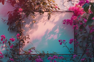 A wall bathed in a soothing pastel shade, adorned with a phyto-painting encapsulated within a metal frame made of plants and flowers that shimmer gracefully in the sunlight.