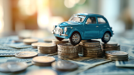 Small blue car driving up on the stack of money, financial status for buying a new car, car leasing, down payment and installments in the long term, car insurance concept