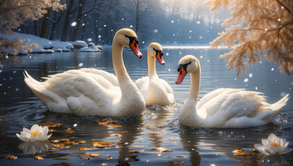 Three white swans swim in a lake