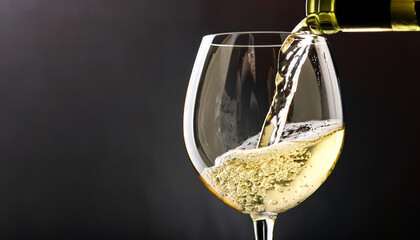 White wine being poured in the wineglass; dark background