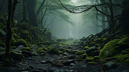 art misty green dense forest, a gloomy dream in the wild thicket of the forest