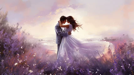 Zelfklevend Fotobehang a couple in love at sunset in a lavender field, watercolor illustration of a man and a woman, abstract background spring feelings art © kichigin19