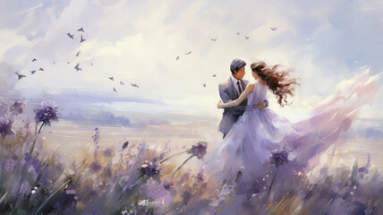 a couple in love at sunset in a lavender field, watercolor illustration of a man and a woman, abstract background spring feelings art