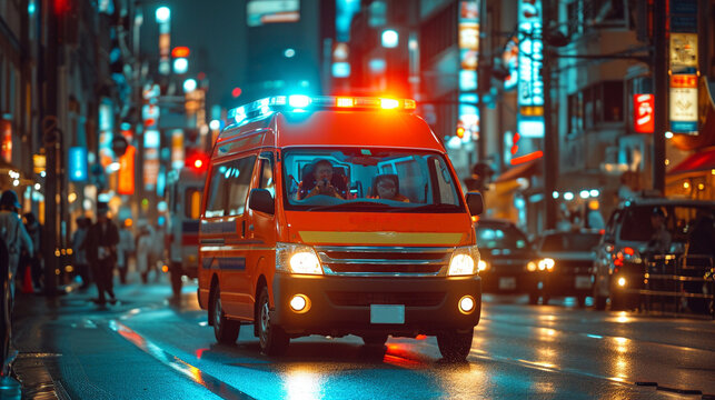 Ambulance on the city street in the evening