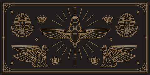 esoteric ancient egypt art decoration illustration with various symbol. collection of egyptian vintage art of pharaoh,cats and scarab wallpaper - obrazy, fototapety, plakaty