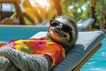 Funny sloth in a bright colored T-shirt and sunglasses rests on a sun lounger near the pool. Vacation in resort, travel - obrazy, fototapety, plakaty