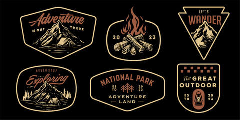 hipster mountain rustic badge design for t-shirt. set collection of vintage adventure badge. Camping emblem logo with mountain illustration in retro style isolated on black background - obrazy, fototapety, plakaty