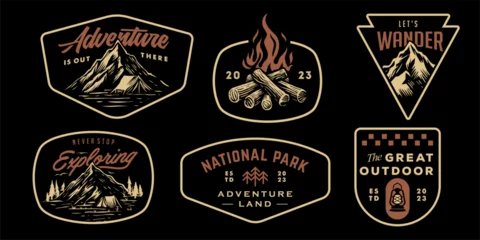 Selbstklebende Fototapeten hipster mountain rustic badge design for t-shirt. set collection of vintage adventure badge. Camping emblem logo with mountain illustration in retro style isolated on black background © Ramosh Artworks