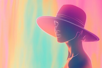 Outline of a slender woman in a wide-brimmed hat against a background of pastel shades