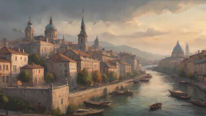 Fototapeta premium Frame Art, TV Art, small ships moored in the quiet city's rivers, panorama of the town, city vew, vintage oil painting, printable digital art