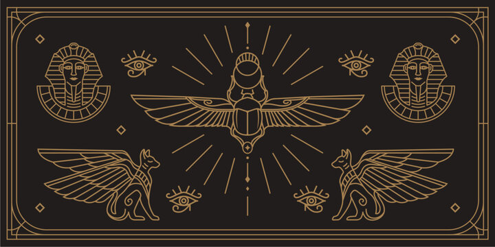 esoteric ancient egypt art decoration illustration with various symbol. collection of egyptian vintage art of pharaoh,cats and scarab wallpaper