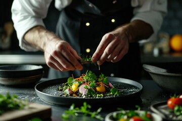 Michelin chef making vegetarian food on dark table - obrazy, fototapety, plakaty