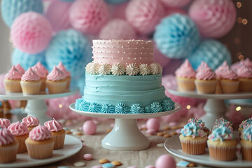 Delicate pink birthday cake with pink and blue cupcakes, decorated with creamy frosting and colorful decorations for a festive gender party.