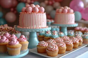 Pink Dessert Delight: A beautifully decorated cake with buttercream frosting and cupcakes with party sprinkles. - obrazy, fototapety, plakaty