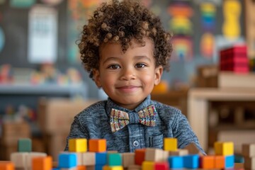 The boy participates in educational games, purposefully and creatively collecting multi-colored cubes at home.