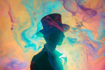 Outline of a man in a top hat against a pastel background