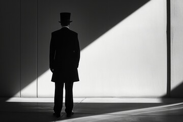 A man in a black coat and top hat stands with his back against the wall
