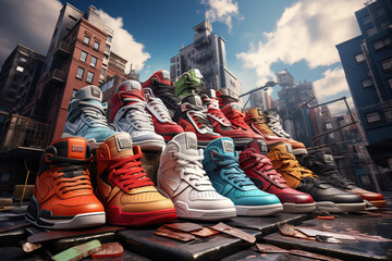 A colorful assortment of sneakers stacks high above an urban street, symbolizing a promotional sale in a bustling city environment.