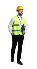 Engineer in hard hat holding clipboard on white background