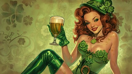 St. Patrick day, seductive girl drinking beer, background poster illustration, banner, pub, green clover, lucky, 4 leaf