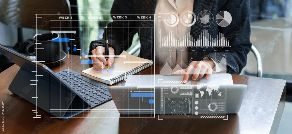Poster businessman hand project manager working and update tasks and gantt chart scheduling virtual diagram