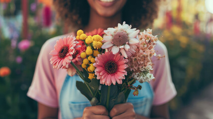Smiling Woman with Flowers in Warm Light