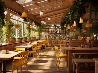 Picturesque Restaurant With Yellow Chairs and Lush Potted Plants