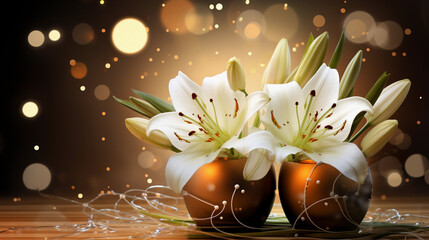 easter eggs with flowers  Graceful White Lily. Generative Ai
