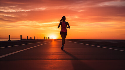 a silhouette of a female running on the road at sunset stock photo image, in the style of light yellow and silver, 