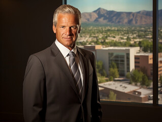 Confident Businessman in Formal Attire Standing by a Large Window