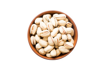 Roasted pistachio nut in bowl isolated on white background. pistachio nut is snack or raw of cook. Healthy food concept