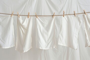 Snow-white sheets hanging on a rope with clothespins - obrazy, fototapety, plakaty