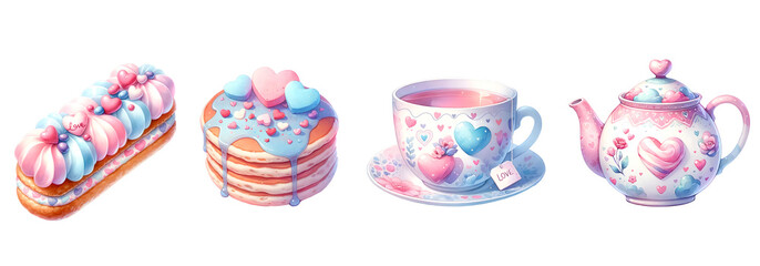 Obraz premium watercolor tea and dessert valentine's day theme