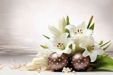 easter eggs and flowers  White lily bouquet with ribbon on white background