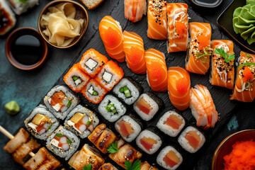 Big set of Japanease food. Sushi and rolls on a dark background.