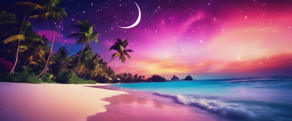Fototapeta na wymiar Serene Beach Paradise: Crystal Clear Waters, Moon Night, Colorful Dream Sky, High Contrast, Saturated Colors, Tropical Palm Trees, Dream World Destination, Seascape Fantasy.