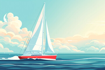 Red yacht with white sail sails on waves at sunset. Horizon with clouds in the background. Summer sea vacation on ocean.