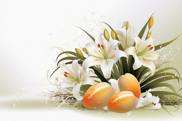 easter eggs with flowers   Christianity wooden cross with white lilies and silk ribbon on white background 