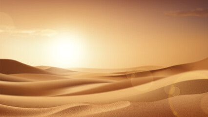 Fototapeta na wymiar Realistic desert landscape with sunshine. Beautiful view on realistic sand dunes with sunset or sunrise. 3d vector illustration of sandy desert. Template of decoration summer events, sale.