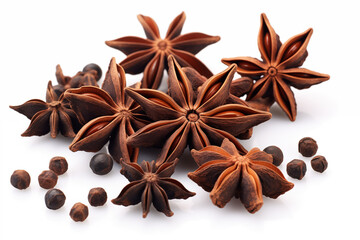 Aromatic dried anise stars with seeds on a white background