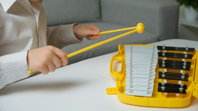 Little Child Playing Metallophone Metal Xylophone Percussion Musical Instrument.